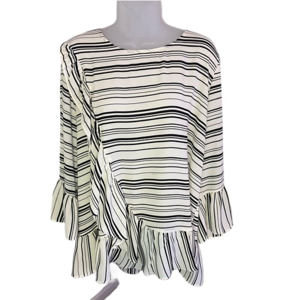 ALFANI women’s RUFFLED / TIERED BLOUSE. Vintage. White STRIPED BLACK. Size L